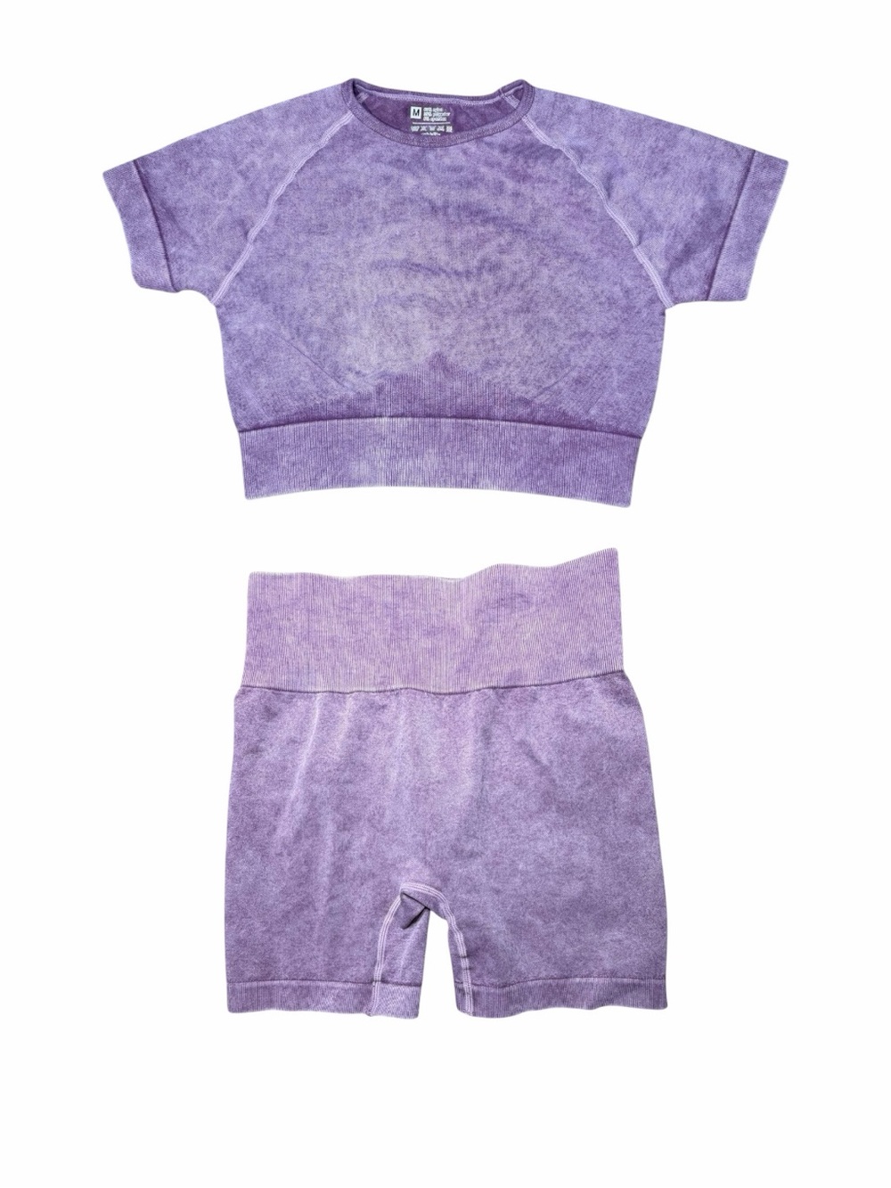 OQQ Purple Acid Wash Seamless Workout Set Medium Shorts & Crop Top